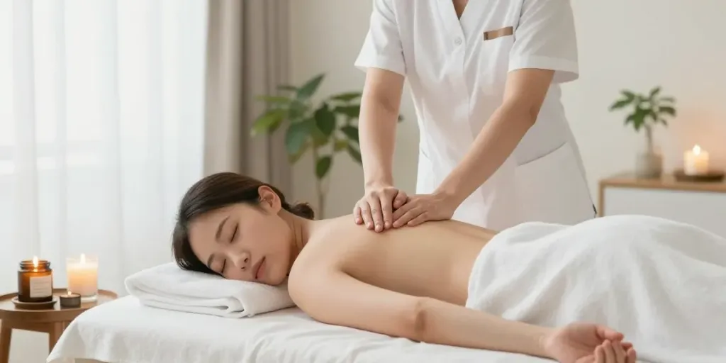 Relaxing 신촌출장안마 session in a serene massage studio with calming elements.