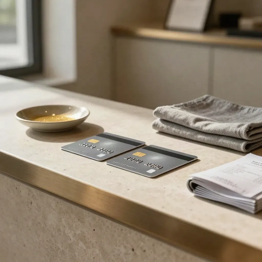 Two face-down cards on a retail counter with dish, cloth, and receipts in sharp midday light.