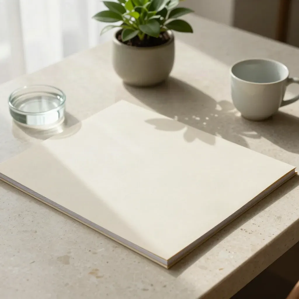 Minimalist desk with closed folder, glass paperweight, small plant, and ceramic cup in slanting morning light.