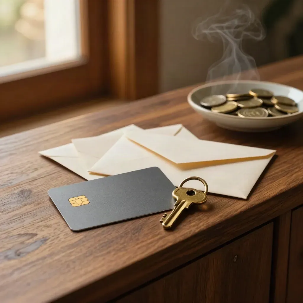 Entryway still life with bank card, house key, sealed envelope and coins in warm evening light.