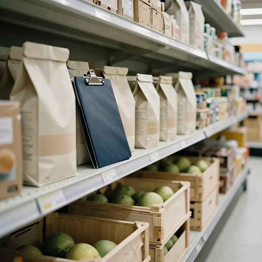 Low-angle grocery aisle endcap with score folder and produce crates