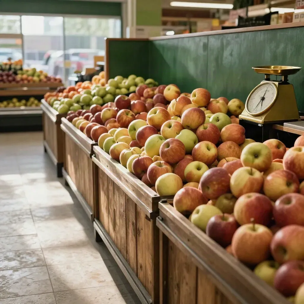 Quiet grocery produce section with apples, brass scale, and wooden crates in warm light.