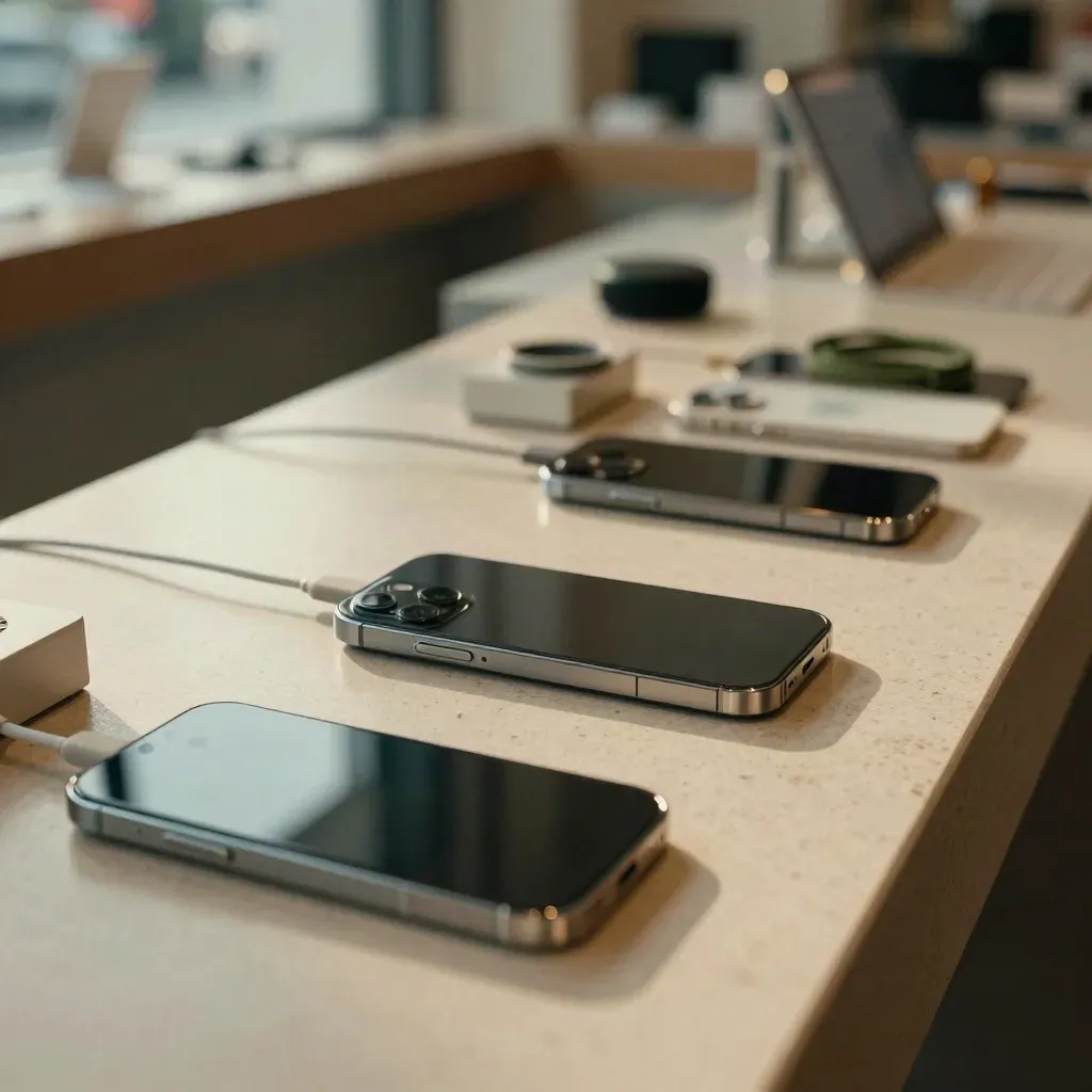 Macro of face-down phones, charging docks, cables and a demo puck on a sleek mobile shop counter.