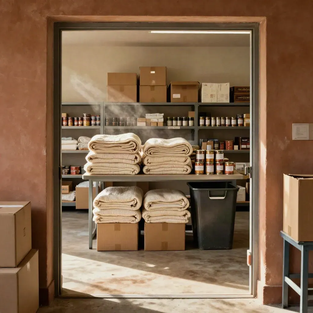 Pantry sorting table with boxes, blankets, canned goods, and a donation bin in slanting sun
