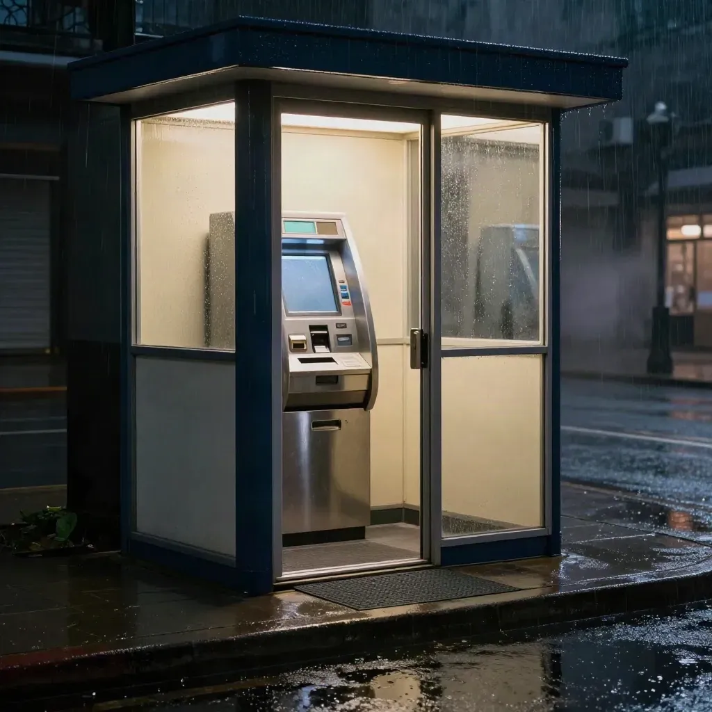 Rain-soaked cash machine vestibule glowing at night, with glass reflections, receipt bin and wet pavement.