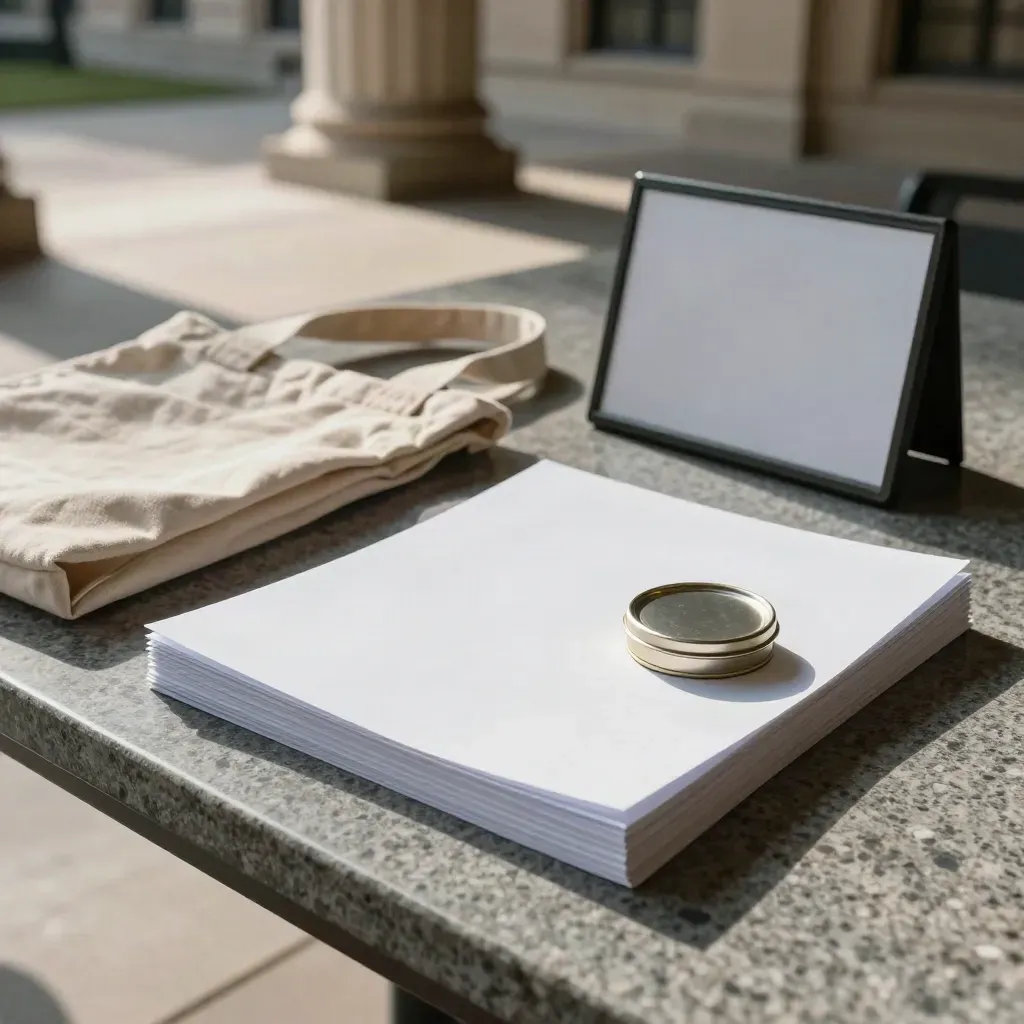 Campus action kit on a stone table with papers, tote, pin tin, and turned sign frame