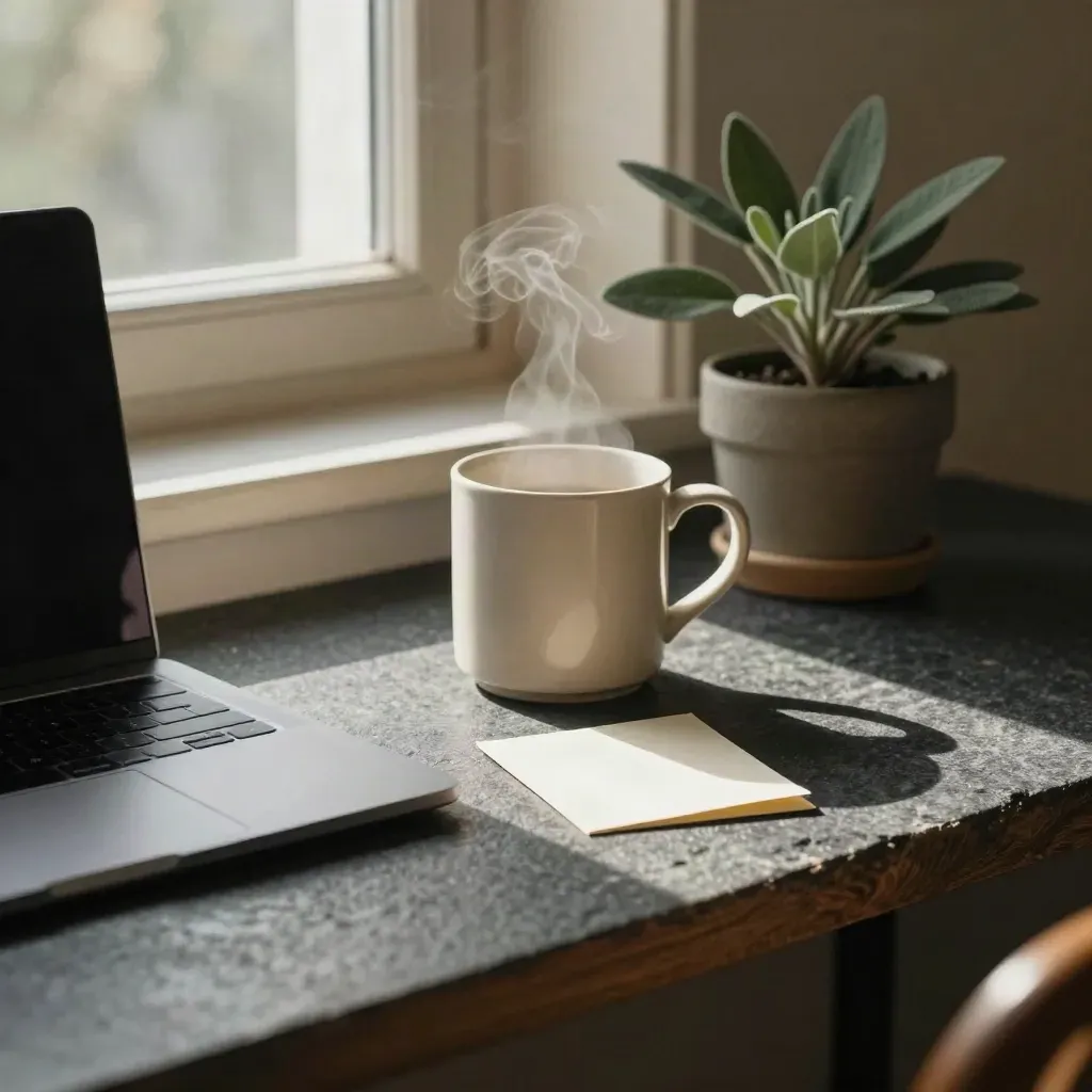 Morning breakfast nook with a closed laptop, steaming mug, folded note card, and small plant by the window.