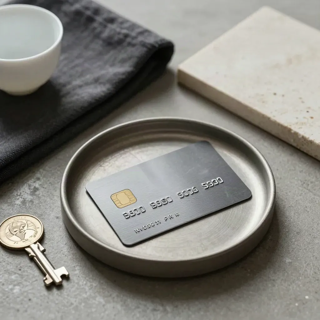 Metal credit card on stone tray with cloth and ceramic cup, viewed from above.