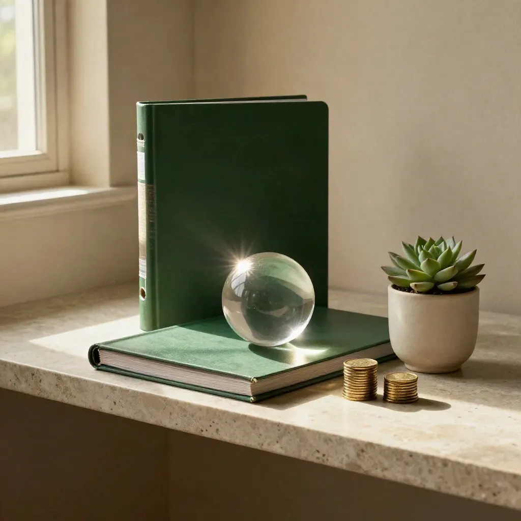 Closed investment folder, glass orb, succulent, and coins on a stone shelf in soft morning light.